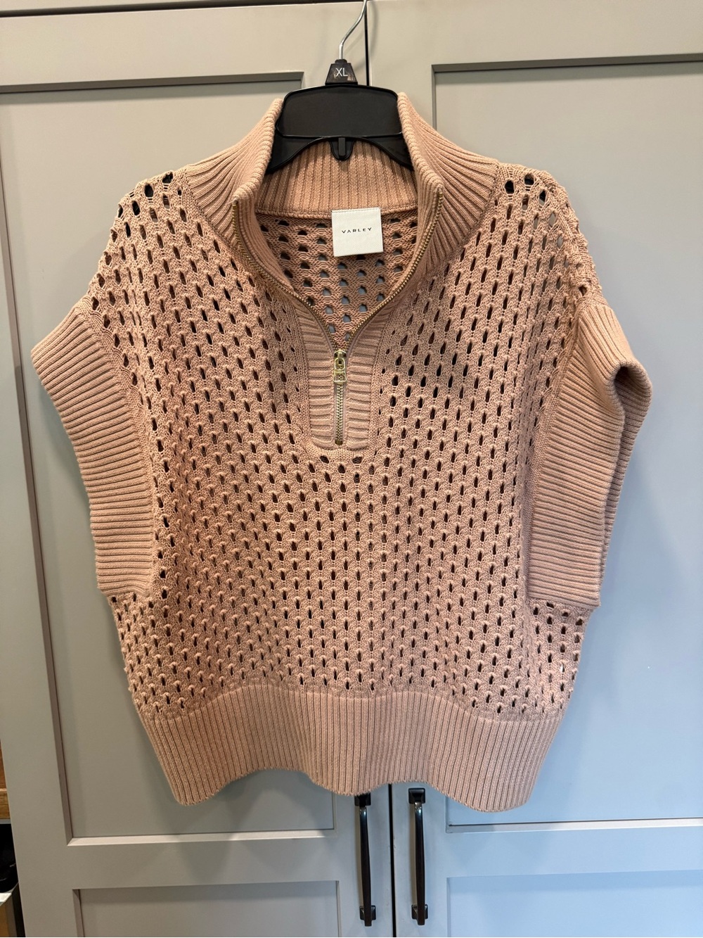 Varley tan  Sleeveless Half-Zip Open-Knit Sweater